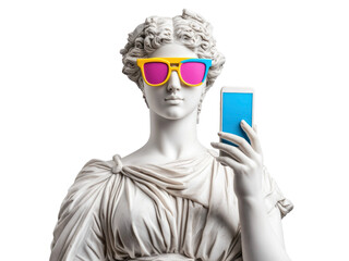 Pop art collage, photo of a greek classicist sculpture of a woman wearing colored glasses and holding a modern mobile phone