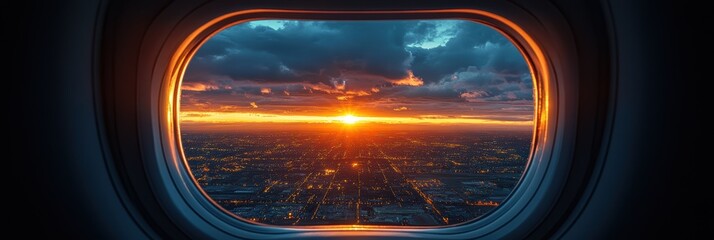 Stunning sunset view from an airplane porthole over a vibrant cityscape