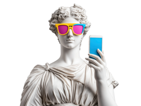 Pop art collage, photo of a greek classicist sculpture of a woman wearing colored glasses and holding a modern mobile phone