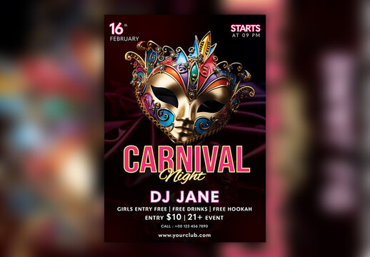 Editable Carnival Party Flyer or Poster Template with Realistic Colorful Mask.