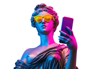 Pop art collage, photo of a greek classicist sculpture of a woman wearing colored glasses and holding a modern mobile phone