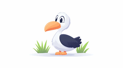 Obraz premium Cute cartoon albatross chick standing in grass against white background; ideal for children's books, websites, or cards