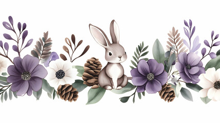 Obraz premium Cute bunny sitting amidst purple and white flowers, pine cones, and greenery; perfect for children's illustrations or wall decor