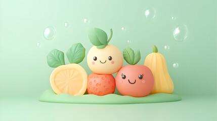 Cute cartoon fruits on green background; healthy eating concept;  illustration for children's books or food packaging