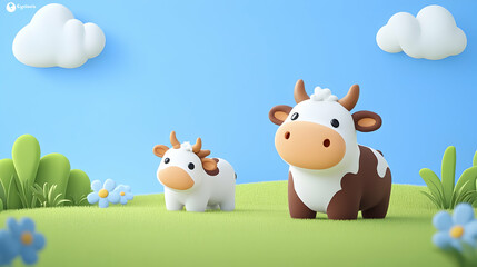 Obraz premium Cute cartoon cows in a field, idyllic background, perfect for children's books or websites