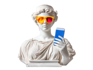 Pop art collage, photo of a greek classicist sculpture of a woman wearing colored glasses and holding a modern mobile phone