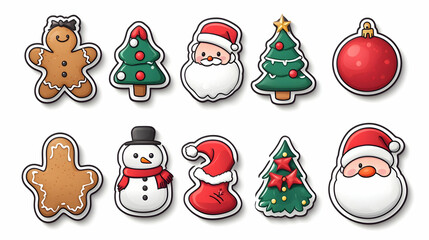 Cute Christmas icons Santa, tree, gingerbread, snowman; festive holiday design for cards, websites