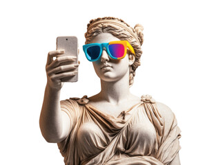 Pop art collage, photo of a greek classicist sculpture of a woman wearing colored glasses and holding a modern mobile phone