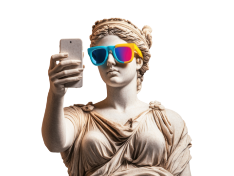 Pop art collage, photo of a greek classicist sculpture of a woman wearing colored glasses and holding a modern mobile phone