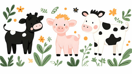 Obraz premium Cute farm animals calf, piglet, cow amidst flowers. Perfect for children's books, cards