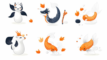 Cute mythical creatures and koi fish illustrations, white background, autumn leaves, design elements