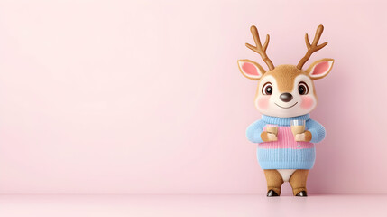 Cute reindeer holding mugs against pink background; Christmas card design