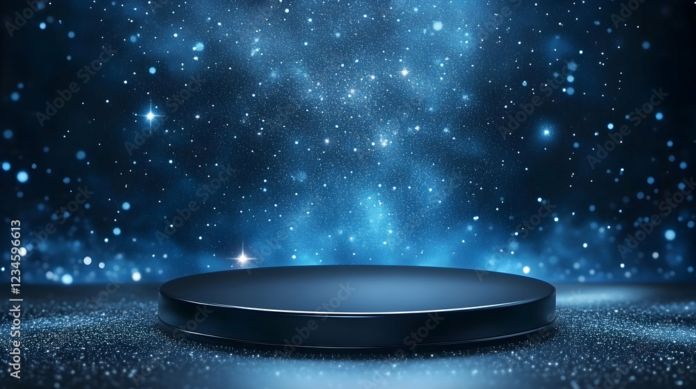 Poster dark blue circular product display platform; sparkling, starry backdrop; ideal for product showcasin