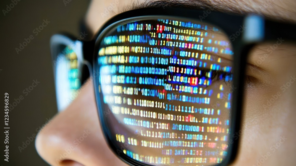 Poster close-up of glasses reflecting colorful binary code in focus