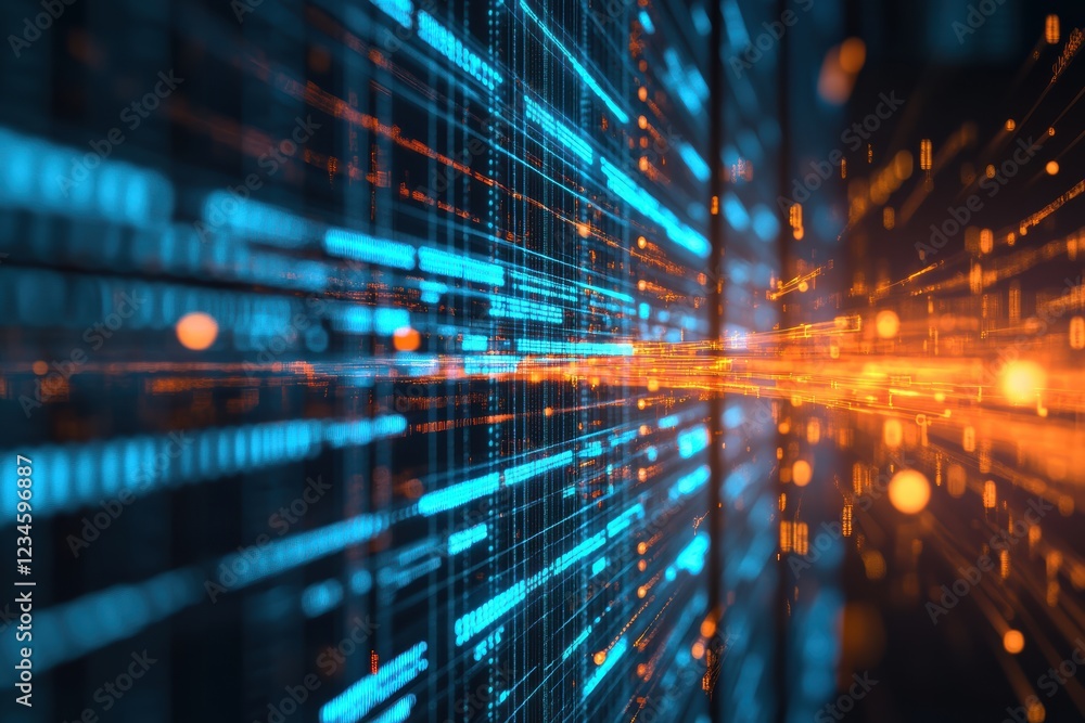 Poster data visualization features blurred lines with vibrant colors representing information flow