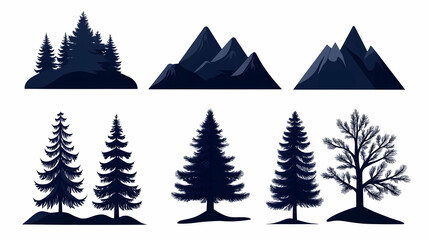 Obraz premium Dark silhouettes of trees and mountains; nature icons for websites or presentations