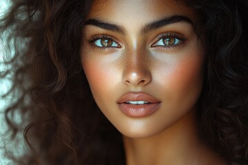 Beautiful young woman with curly hair and captivating green eyes posing for a close-up portrait in natural light