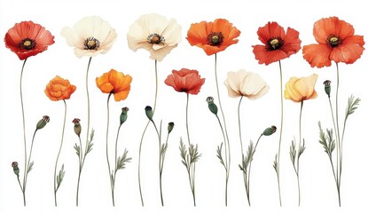 Obraz premium Colorful Poppy Flower Illustrations on White Background