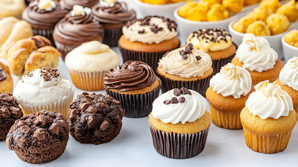 Delicious cupcakes and muffins assortment, bakery display, sweet treats, party food