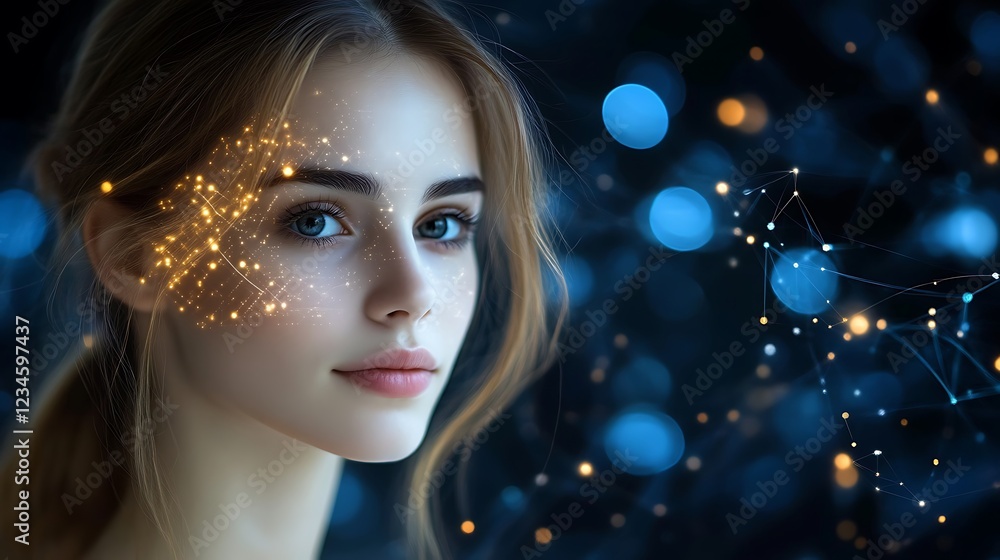 Poster woman with a glowing pattern on her face and abstract connected points in the background