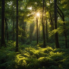 Fototapeta premium A lush green forest with golden sunlight filtering through the trees.