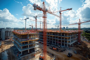 Fototapeta premium Construction site bustling with multi-story cranes and ongoing building activities