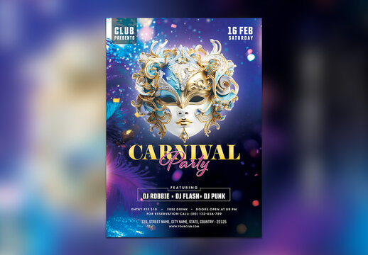 Editable Carnival Party Flyer or Poster Template, with Masquerade Mask for Advertising.