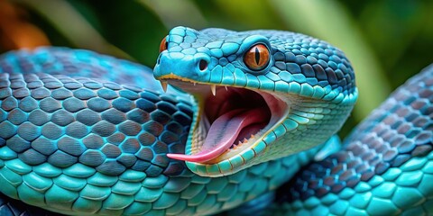 A close-up face shot of a blue viper snake with its mouth open, revealing sharp teeth and a vibrant blue coloration in its skin, snake species, vipers
