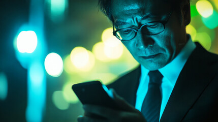 Corporate professional engaging with smartphone amidst vibrant moody lighting at night