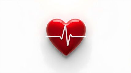 Red heart with white pulse line on white background. Heart pulse, heartbeat lone, cardiogram. Healthy lifestyle, cardiac assistance, pulse beat measure, medical healthcare concept. Generative AI