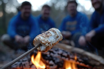 Fototapeta premium A close-up of toasted marshmallows being roasted over a campfire.