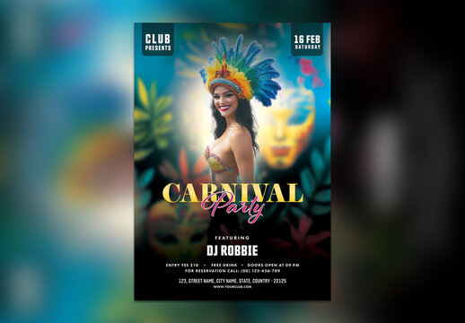 Editable Carnival Party Flyer or Poster Template, with Female Samba Dancer and Event Details.