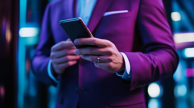 Businessman in purple suit holding smartphone in office with soft focus and modern ambiance