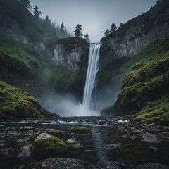 A mesmerising waterfall cascading down a rocky cliff with a misty atmosphere.