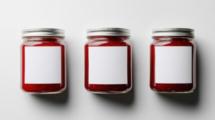 Handmade jars of bright red fruit preserves lined up on a neutral backdrop showcasing their simple design and potential for customization