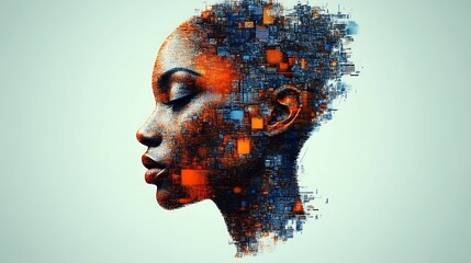 Digital portrait of a woman composed of geometric shapes and vibrant colors