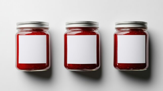 Handmade jars of bright red fruit preserves lined up on a neutral backdrop showcasing their simple design and potential for customization