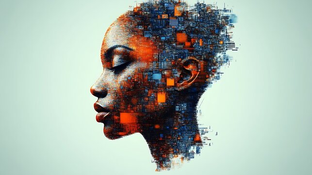Digital portrait of a woman composed of geometric shapes and vibrant colors