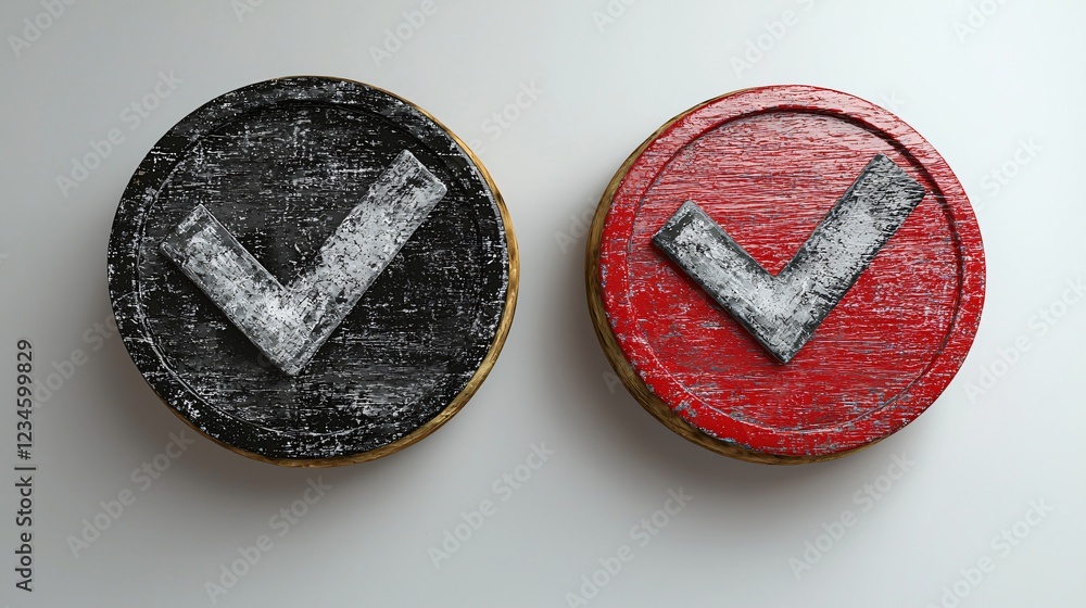 Fototapete Two Circular Checkmark Buttons With Distinct Black and Red Textures On Light Gray Background.