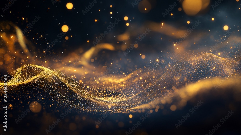 Poster golden particles flowing like waves on a dark background abstract with bokeh effect