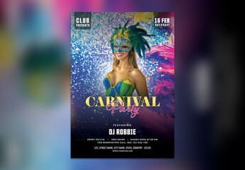 Editable Carnival Party Flyer or Poster Template, with Female Samba Dancer and Event Details for Advertising.