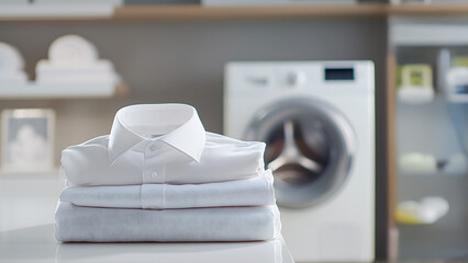 Neatly folded shirts on the table next to washing machine - Laundry and household concept