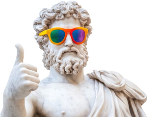 Marble statue of Zeus wear olorful sunglasses and thumb up