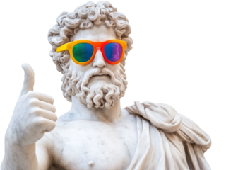 Marble statue of Zeus wear olorful sunglasses and thumb up
