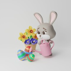 3D realistic gray rabbit with garden watering can, decorated eggs and spring flowers in pot. Happy Easter. 3D rendering.