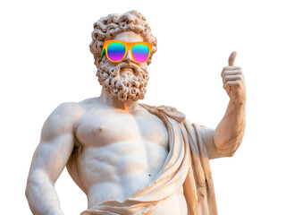 Marble statue of Zeus wear olorful sunglasses and thumb up