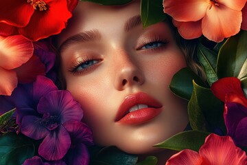 Creative graphic layout featuring a model surrounded by vibrant floral arrangements