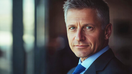 Fototapeta premium Professional businessman exuding confidence in a corporate environment with blurred background