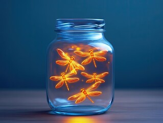 Captivating dragonflies enclosed in a glass jar indoor setting photography tranquil atmosphere unique perspective