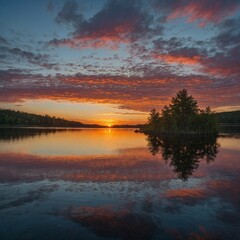 Obraz premium A serene lake reflecting the vibrant hues of a sunset, with a crystal-clear sky.